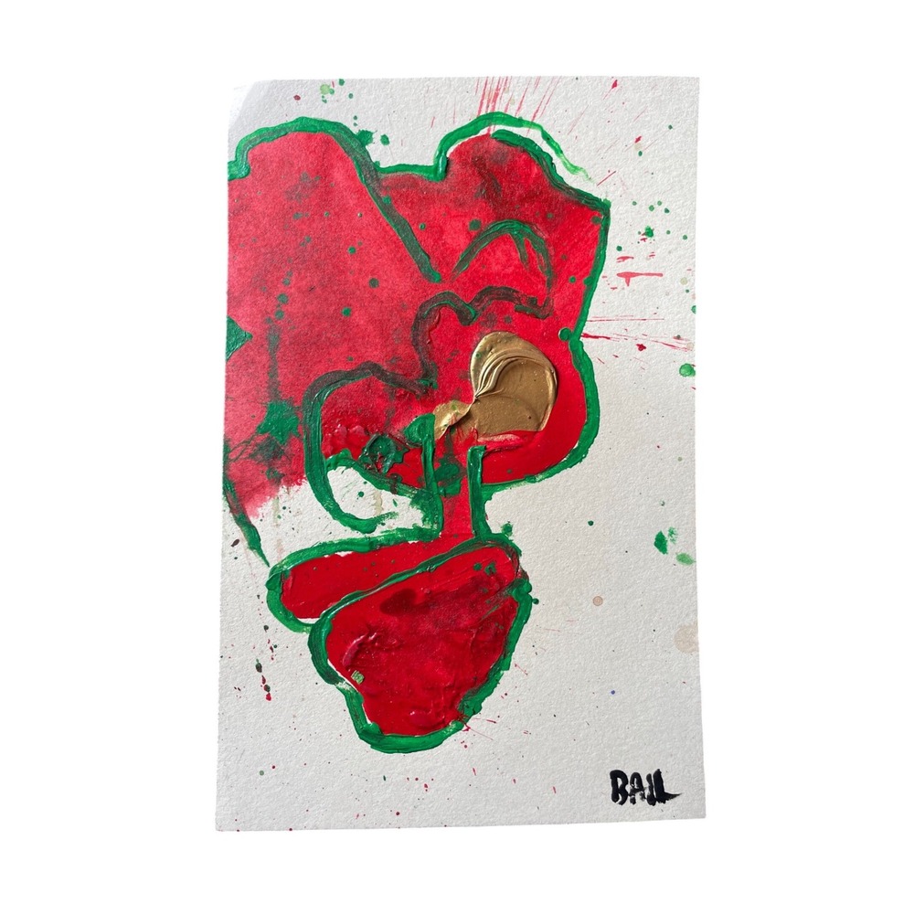 Original Abstract Painting 8.5x5.5" Red Gold Green – Spiritual‎ Art by BAIL